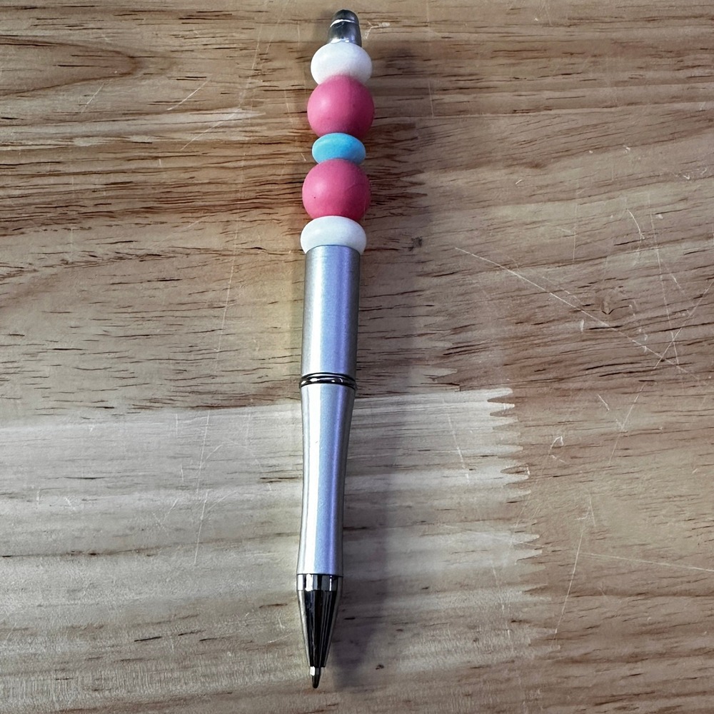 Silver Beaded Ballpoint Pen Pink Blue White Silicone Beads Handmade Stationery